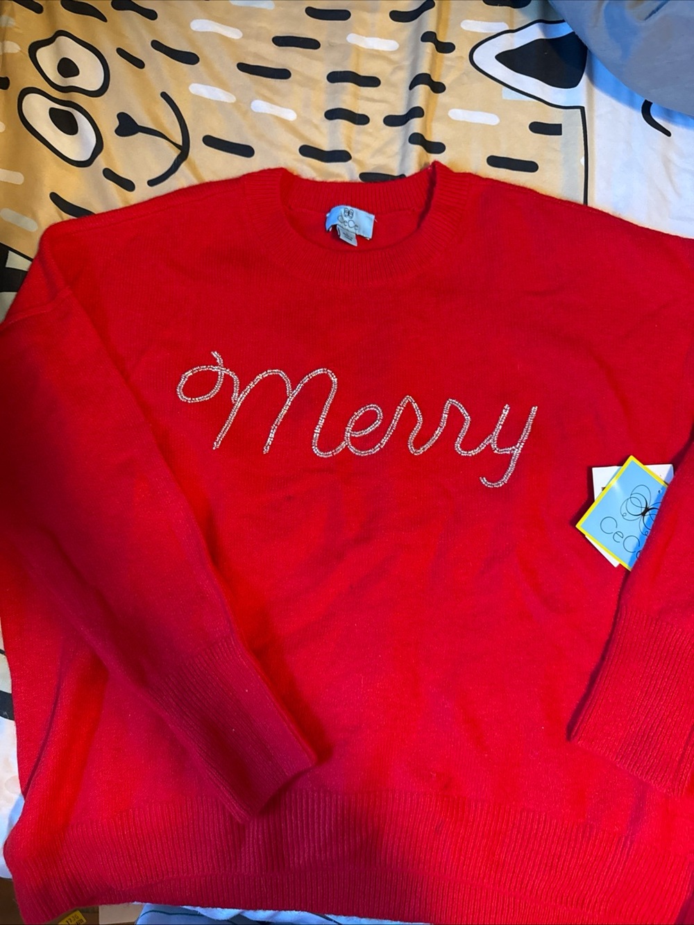 CeCe Red Holiday Sweater Large “MERRY” Beaded NWT